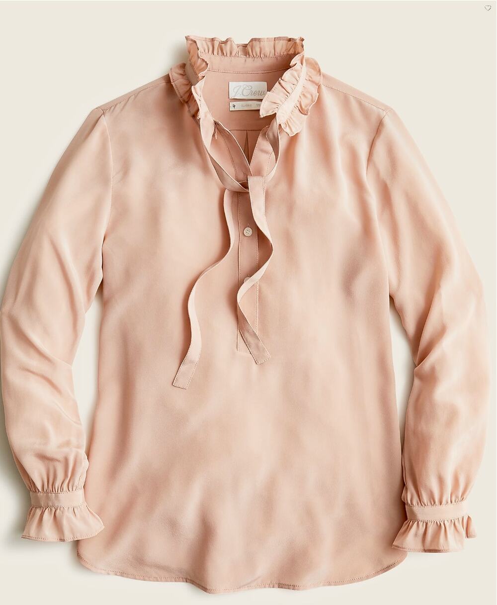 J CREW 100% Silk Oversized Classic-fit Ruffleneck Silk Popover Shirt Top Pink 0